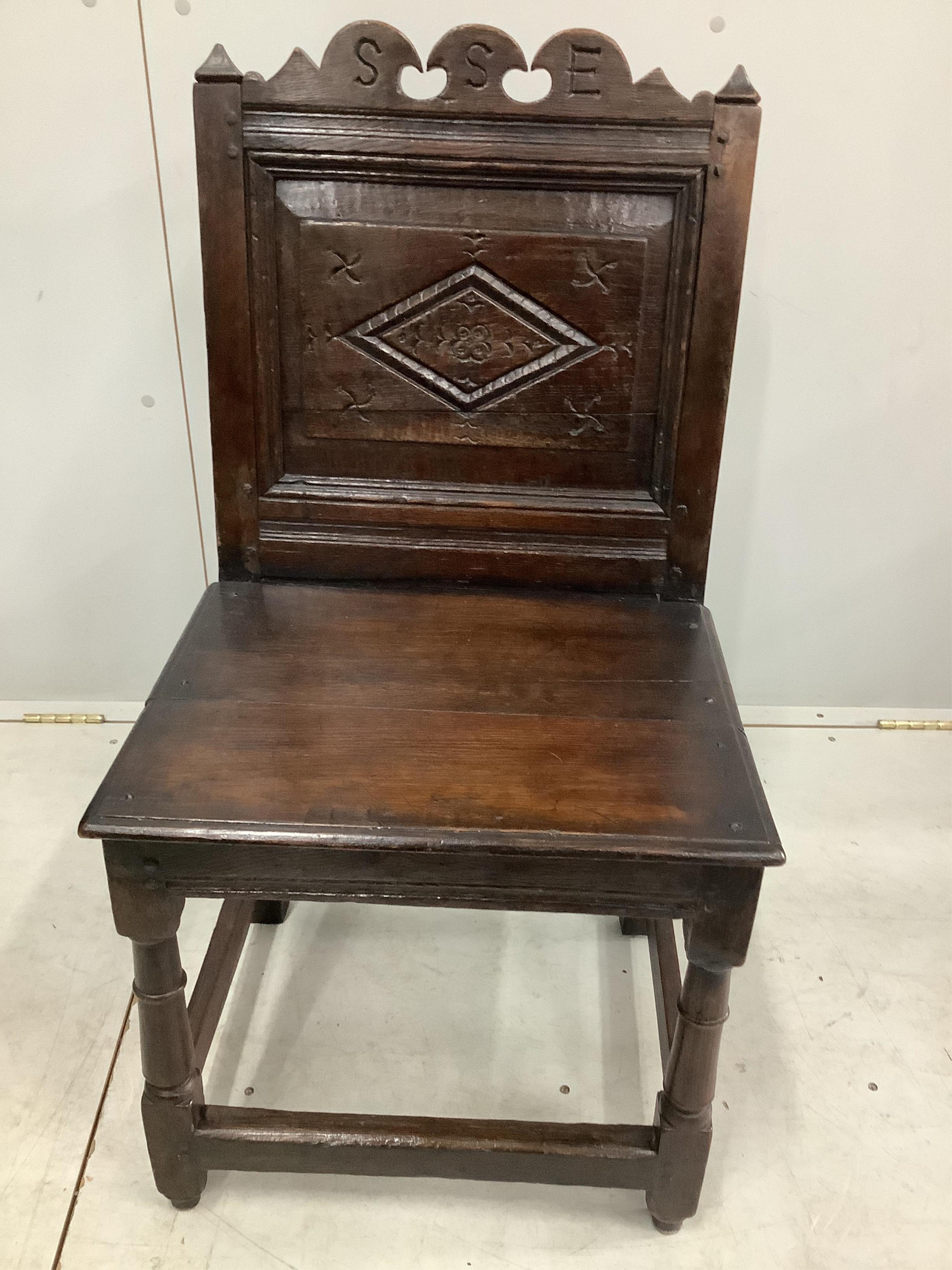 Three (two plus one) 17th / 18th century carved oak back stools, largest width 48cm, depth 38cm, height 97cm. Condition - fair
